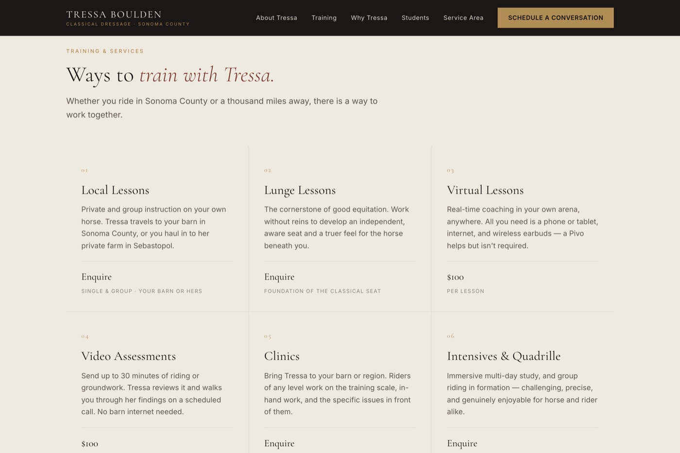 Redesign concept services section: six numbered cards for local lessons, lunge lessons, virtual lessons, video assessments, clinics, and intensives, each with a description and complete pricing.