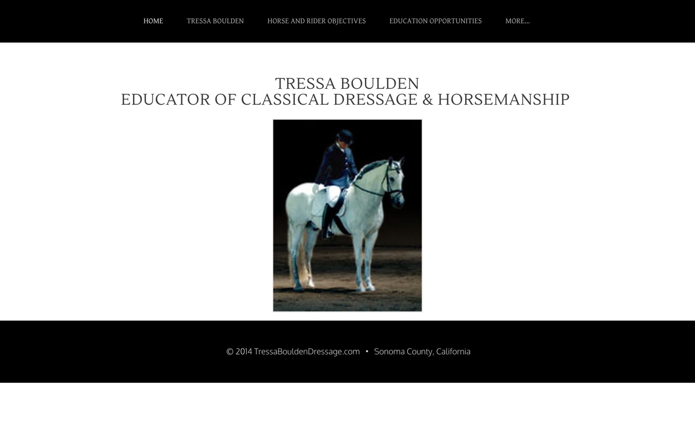 Current Tressa Boulden Dressage homepage on desktop: black navigation bar, centred serif title, and one small photograph on white.